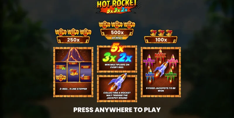 Hot Rocket 5x 3x 2x - menu principale con rulli e pulsante di avvio